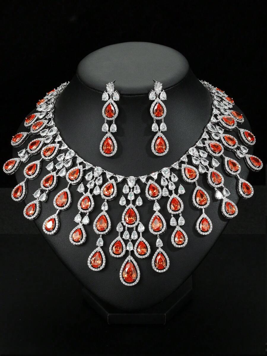 3pcs/Set Luxury Exaggerated Zirconia Necklace And Earrings Jewelry Set