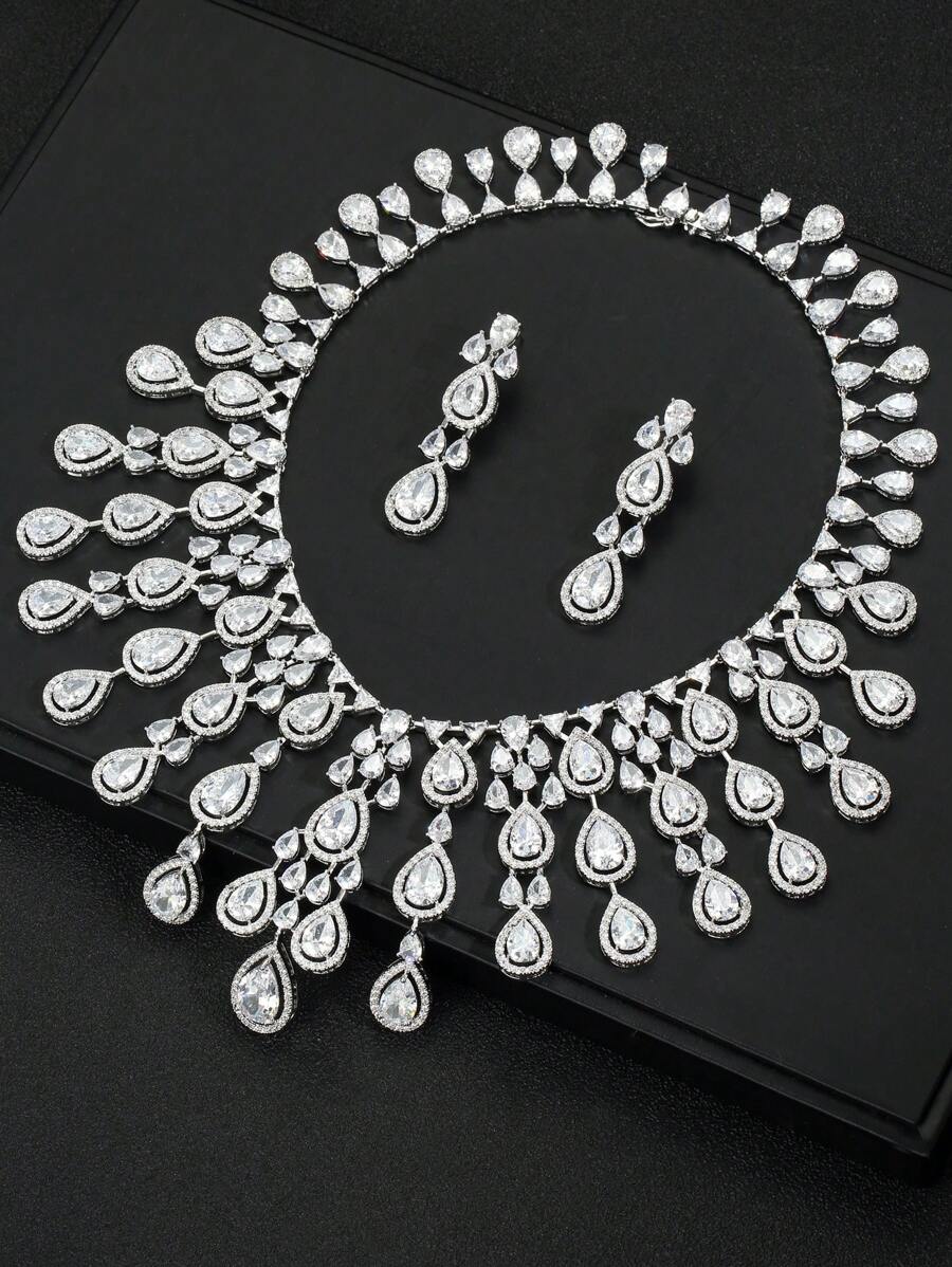 3pcs/Set Luxury Exaggerated Zirconia Necklace And Earrings Jewelry Set