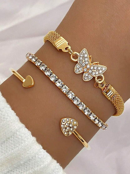 3pcs/Set Luxury Fashion Minimalist Personalized Rhinestone Butterfly ; Heart Layered Bangle Bracelet, High-End Accessory Set