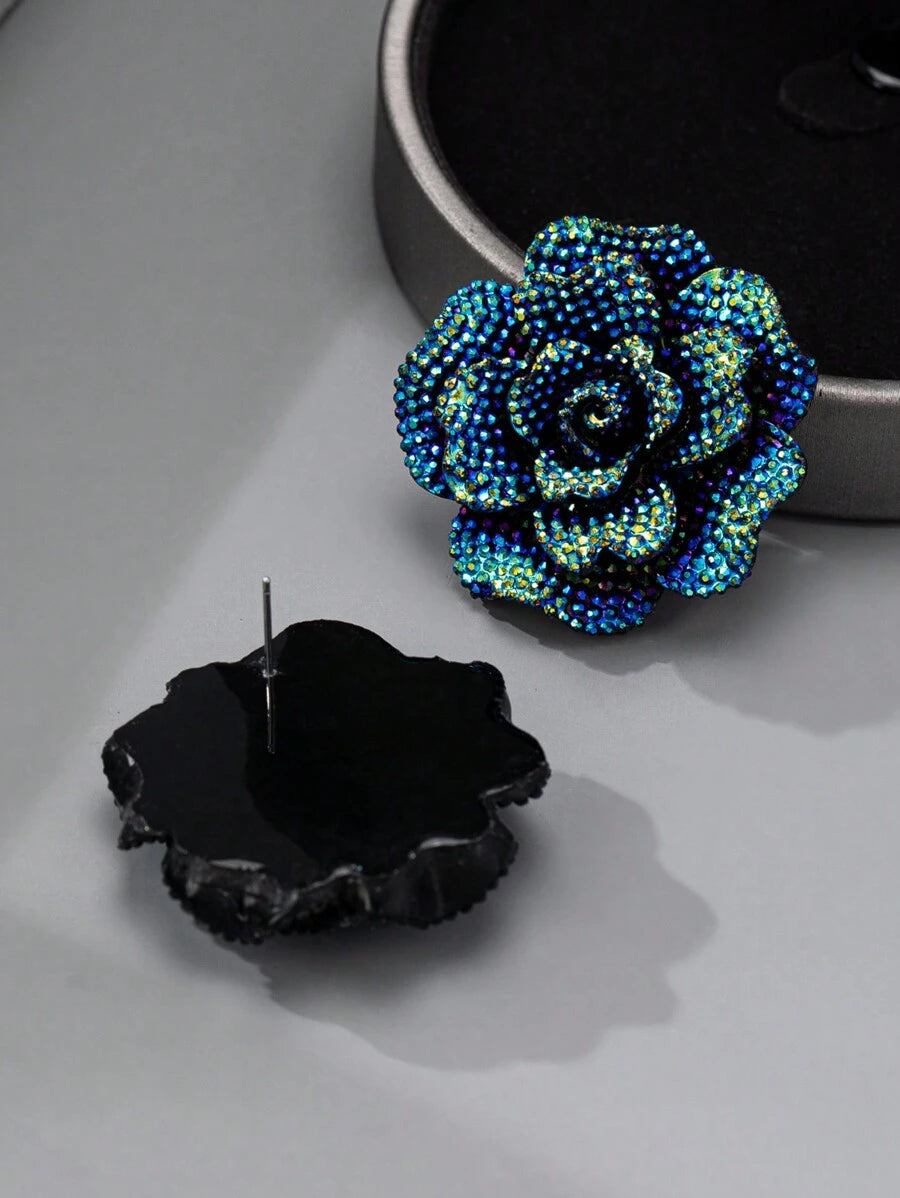 Luxury Retro Chunky Acrylic Rhinestone Camellia Flower Earrings Blue