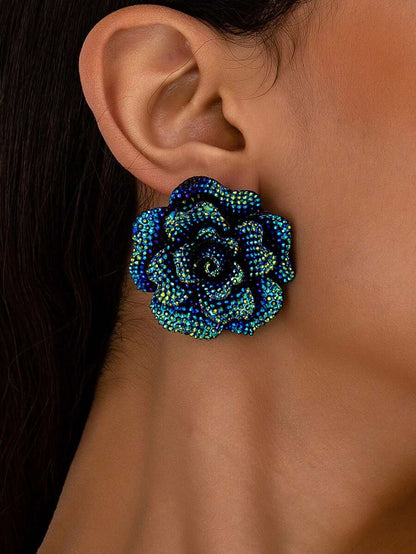 Luxury Retro Chunky Acrylic Rhinestone Camellia Flower Earrings Blue