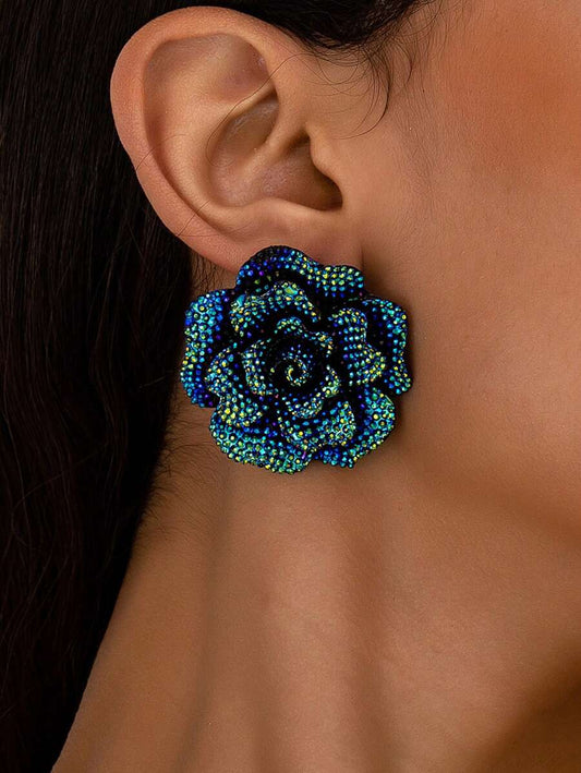 Luxury Retro Chunky Acrylic Rhinestone Camellia Flower Earrings Blue