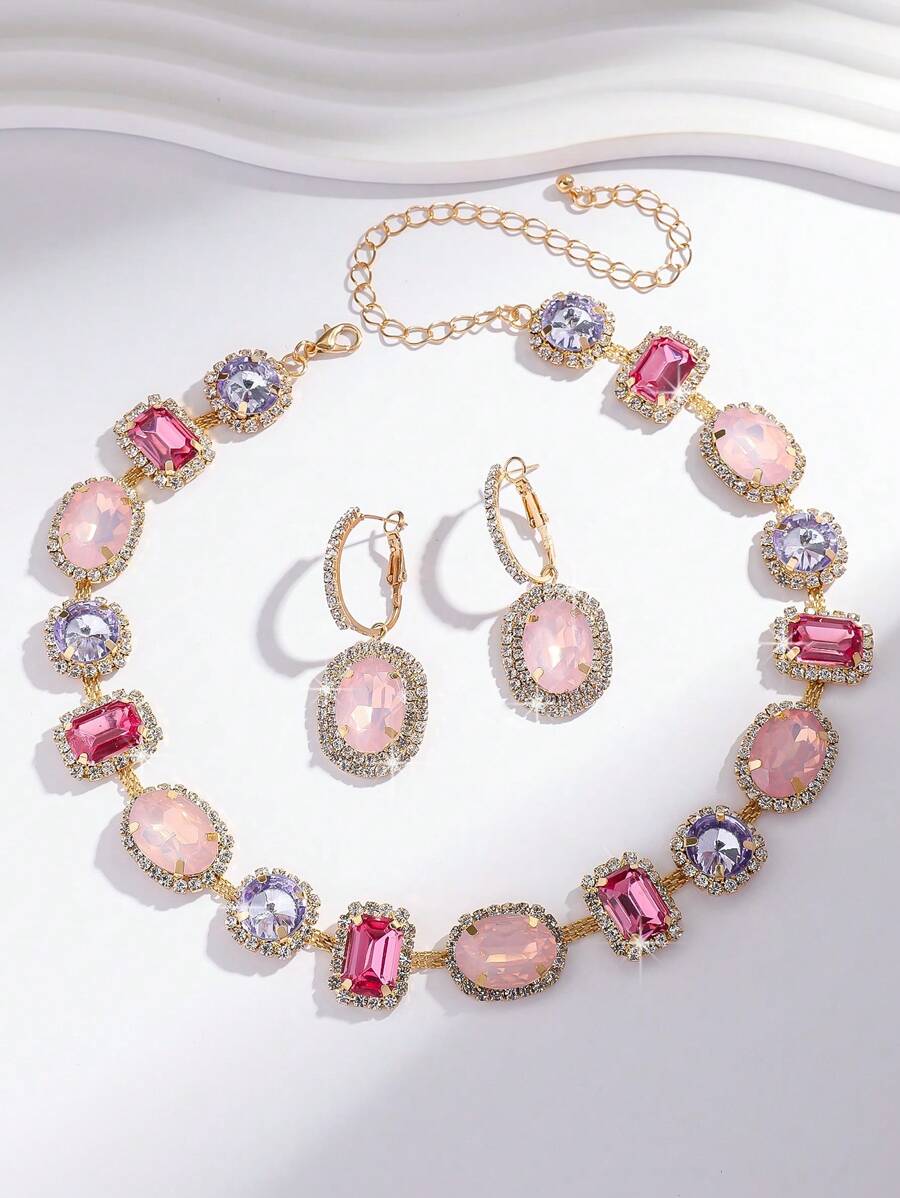 3pcs/Set New Women's Luxury Glassy Rhinestone Geometric Necklace & Earrings Jewelry Set