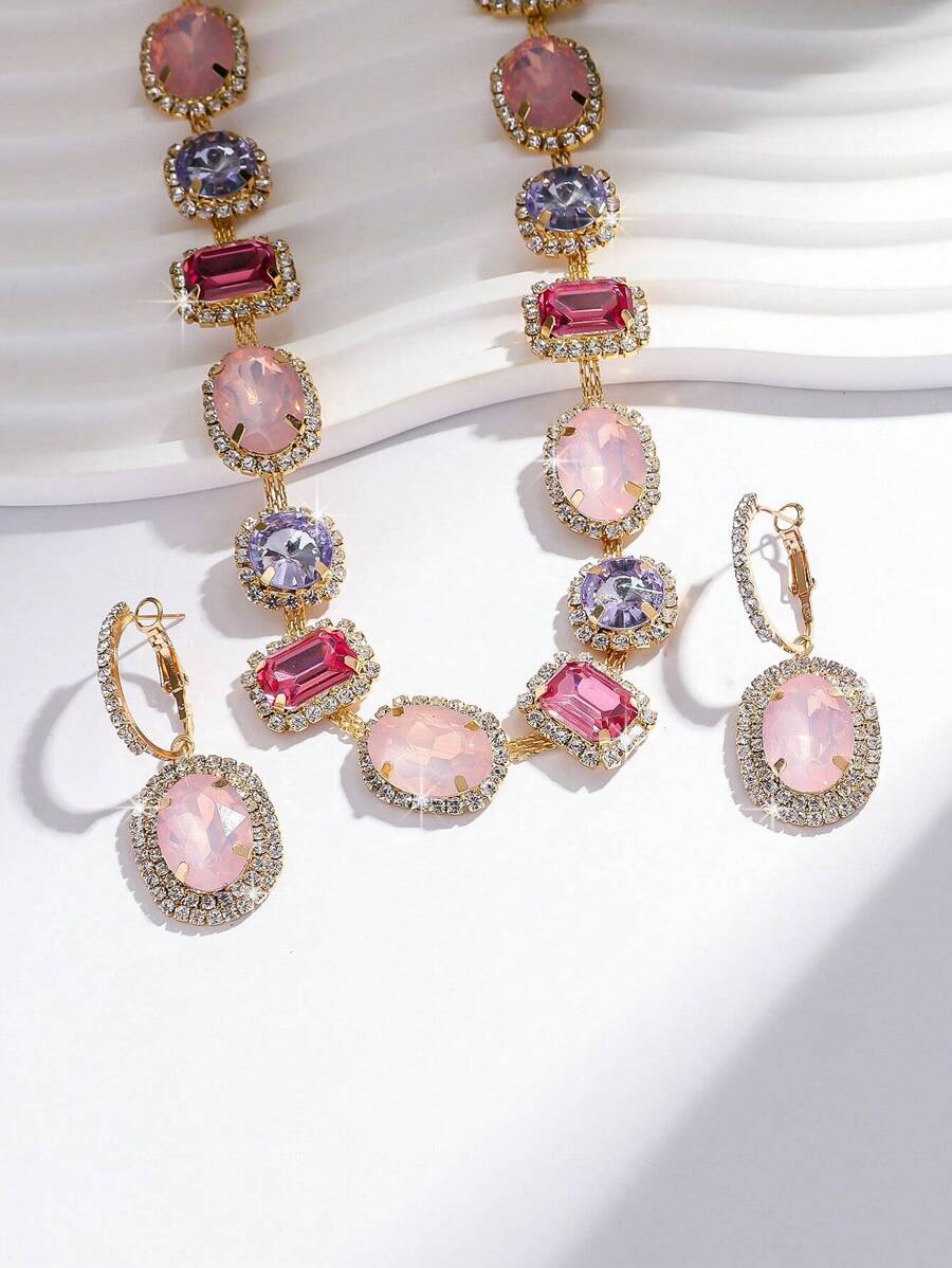 3pcs/Set New Women's Luxury Glassy Rhinestone Geometric Necklace & Earrings Jewelry Set