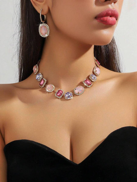 3pcs/Set New Women's Luxury Glassy Rhinestone Geometric Necklace & Earrings Jewelry Set
