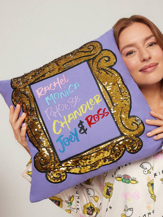 FRIENDS Frame & Double-Sided Sequin Letter Print Decorative Throw Pillow Case,Gifts