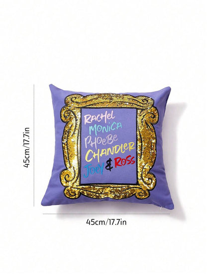 FRIENDS Frame & Double-Sided Sequin Letter Embroidered Decorative Throw Pillow Case,Gifts