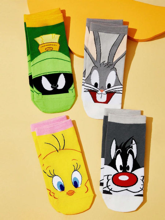 LOONEY TUNES 4pcs Unisex Cartoon Pattern Ankle Socks Set