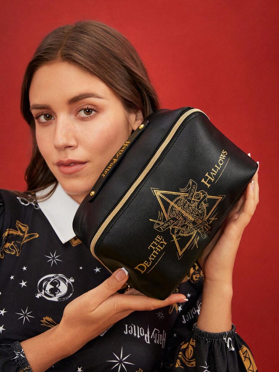 HARRY POTTER 1 Pc Deathly Hallows Geometric And Letter Pattern Large Capacity Makeup Bag, Black, Gifts,Back To School