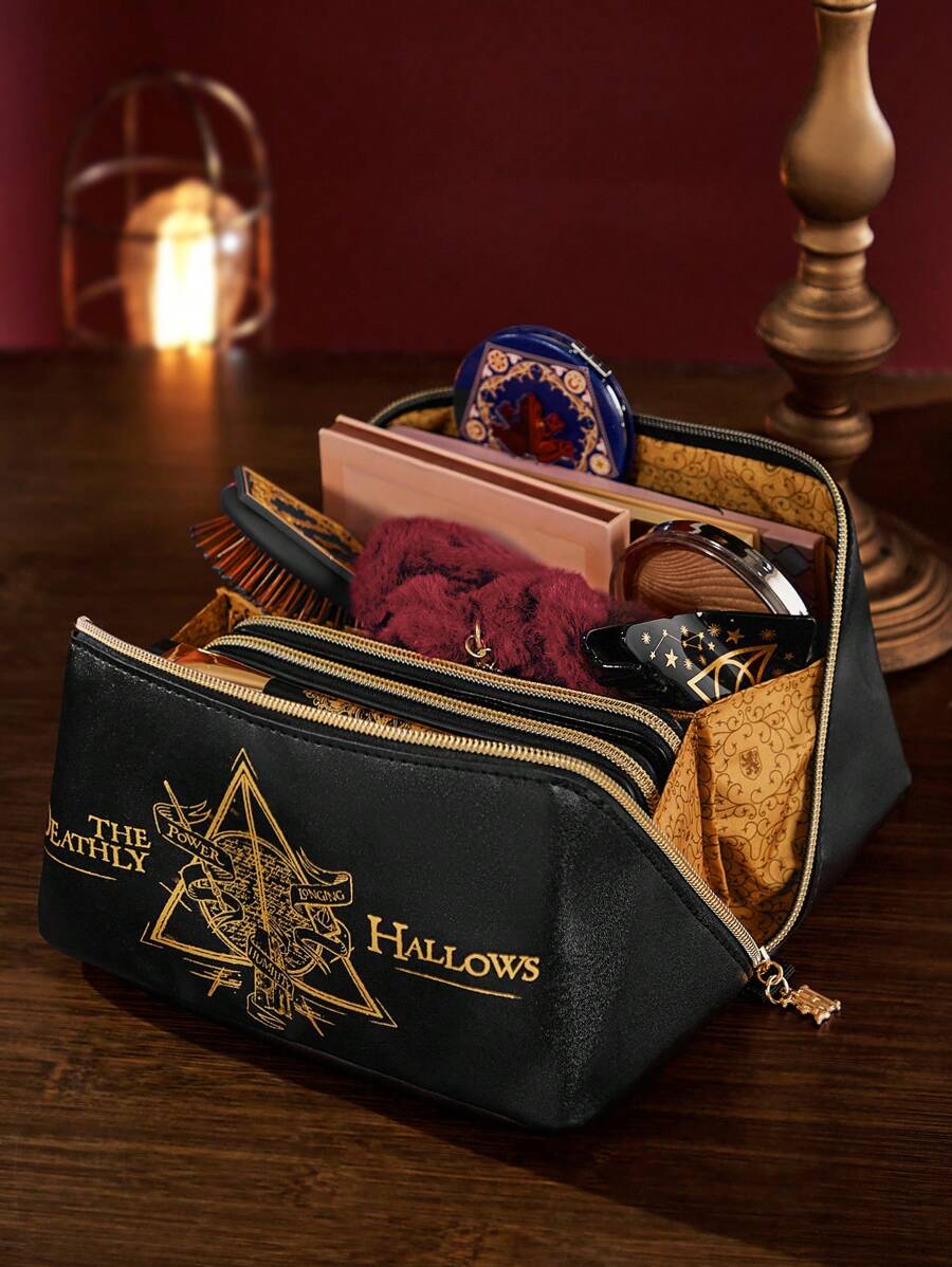 HARRY POTTER 1 Pc Deathly Hallows Geometric And Letter Pattern Large Capacity Makeup Bag, Black, Gifts,Back To School