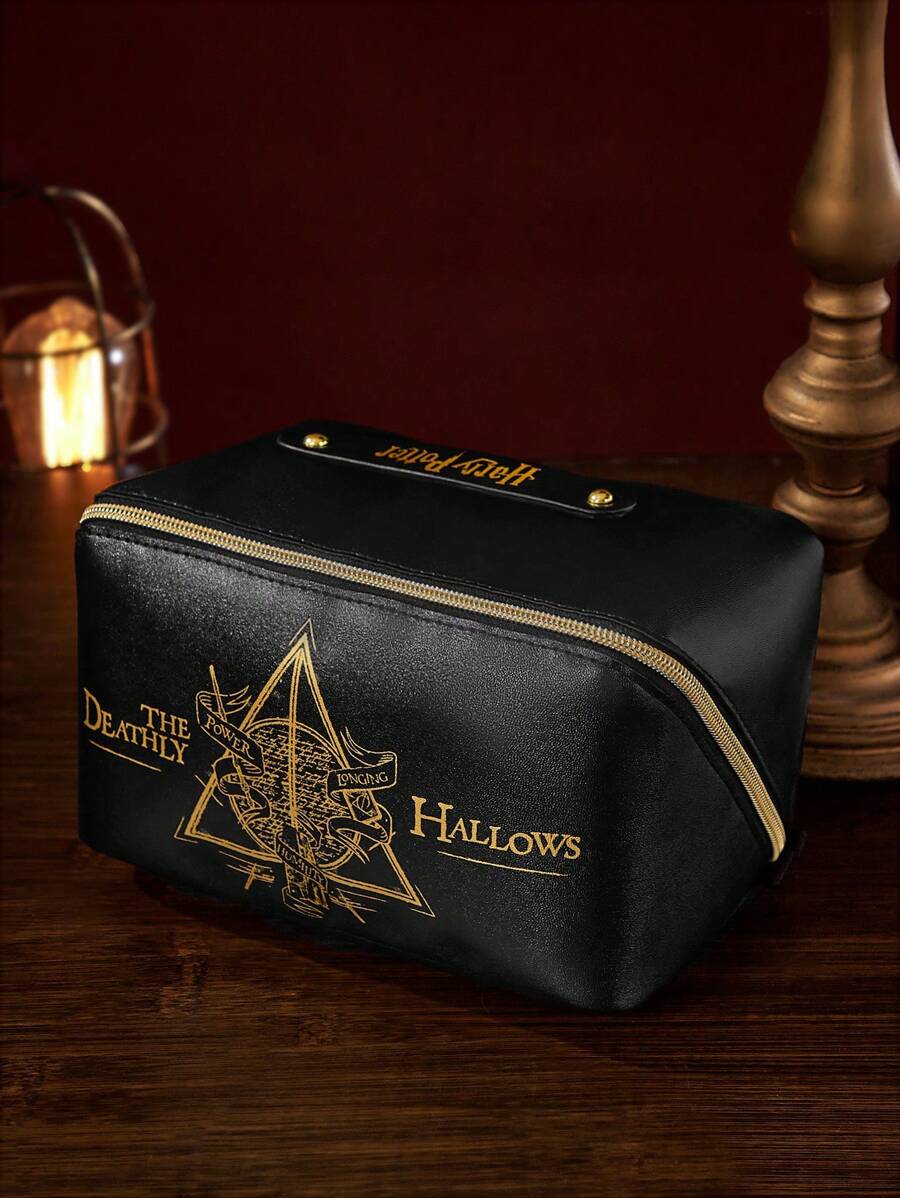 HARRY POTTER 1 Pc Deathly Hallows Geometric And Letter Pattern Large Capacity Makeup Bag, Black, Gifts,Back To School