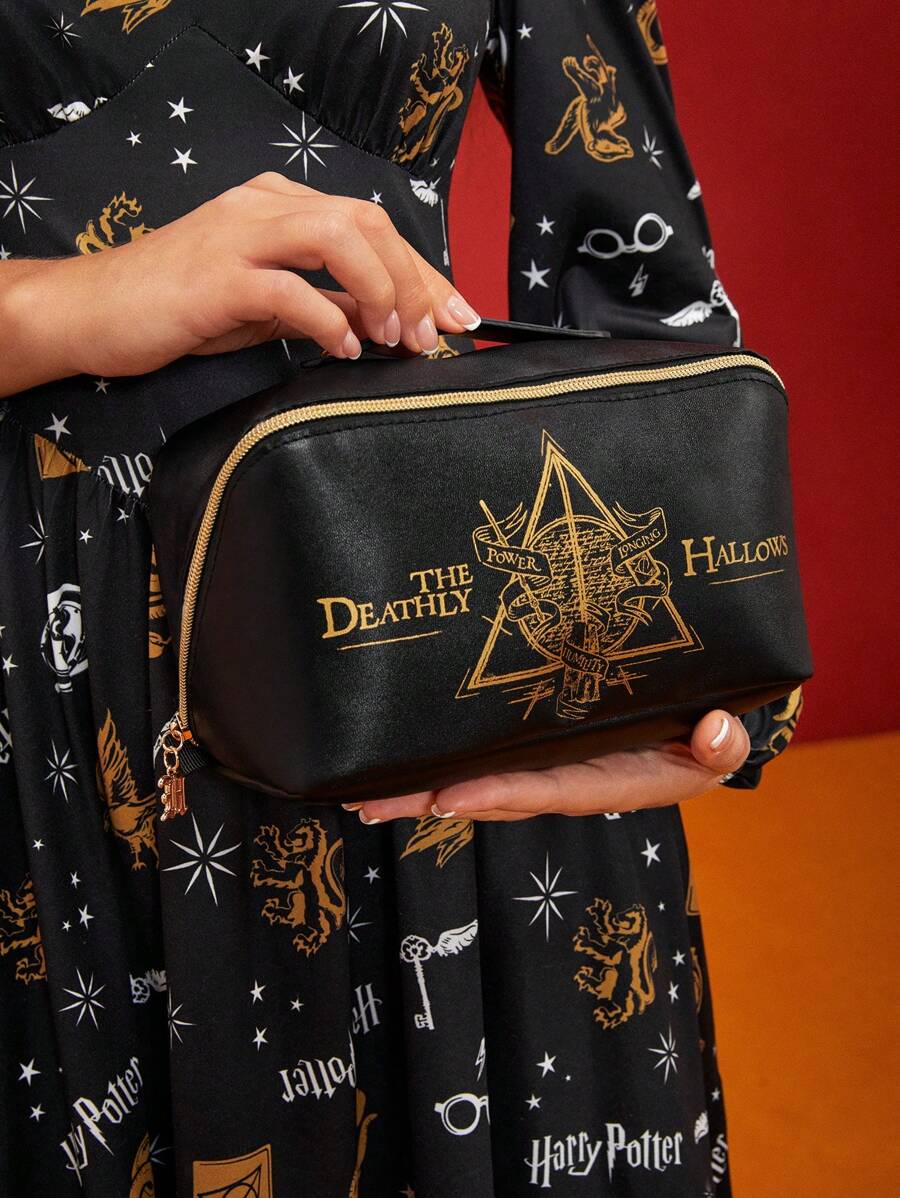 HARRY POTTER 1 Pc Deathly Hallows Geometric And Letter Pattern Large Capacity Makeup Bag, Black, Gifts,Back To School