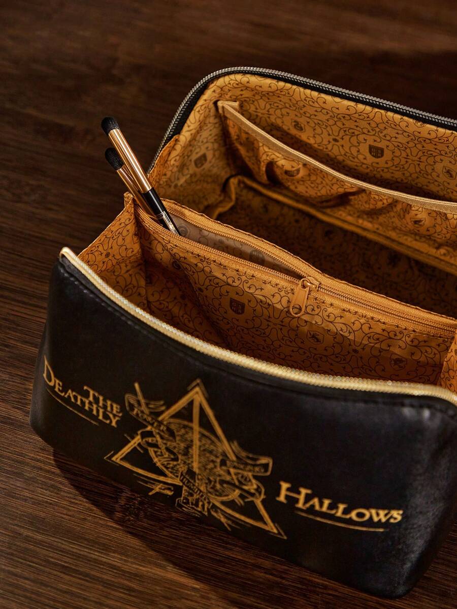 HARRY POTTER 1 Pc Deathly Hallows Geometric And Letter Pattern Large Capacity Makeup Bag, Black, Gifts,Back To School