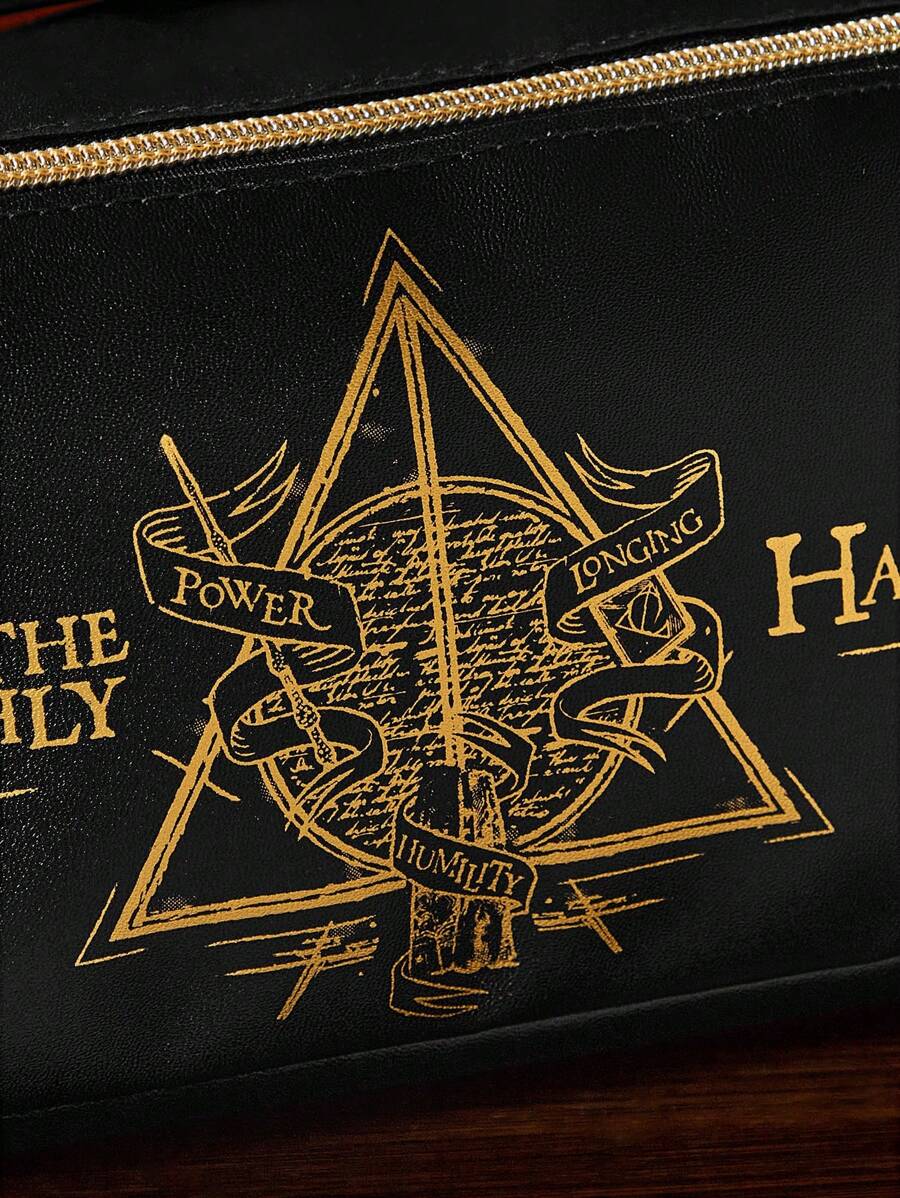 HARRY POTTER 1 Pc Deathly Hallows Geometric And Letter Pattern Large Capacity Makeup Bag, Black, Gifts,Back To School