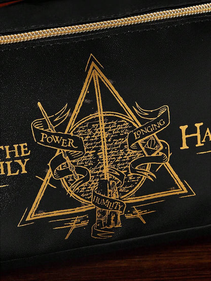 HARRY POTTER 1 Pc Deathly Hallows Geometric And Letter Pattern Large Capacity Makeup Bag, Black, Gifts,Back To School