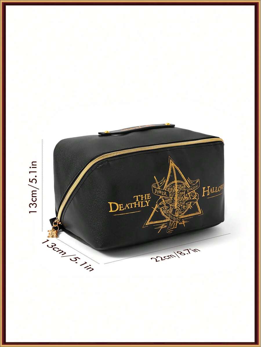 HARRY POTTER 1 Pc Deathly Hallows Geometric And Letter Pattern Large Capacity Makeup Bag, Black, Gifts,Back To School