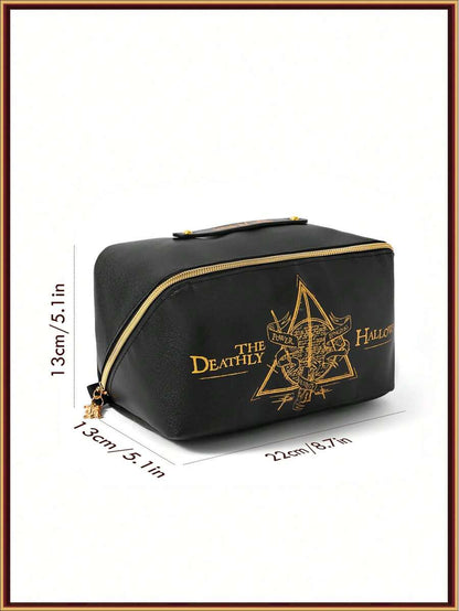 HARRY POTTER 1 Pc Deathly Hallows Geometric And Letter Pattern Large Capacity Makeup Bag, Black, Gifts,Back To School