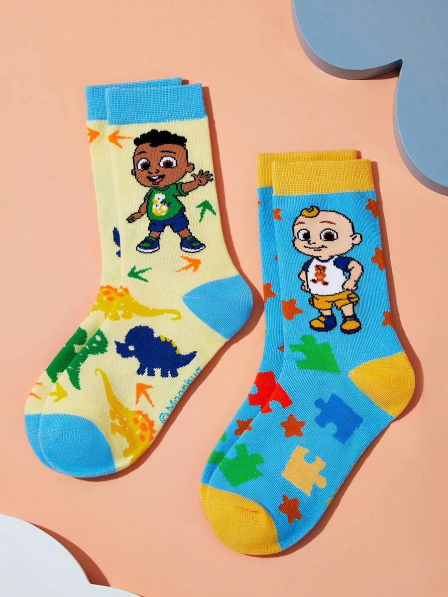 CoComelon kids (2 pairs) cartoon dinosaur & puzzle pattern color block long socks