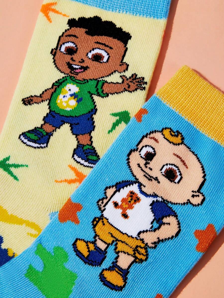 CoComelon kids (2 pairs) cartoon dinosaur & puzzle pattern color block long socks