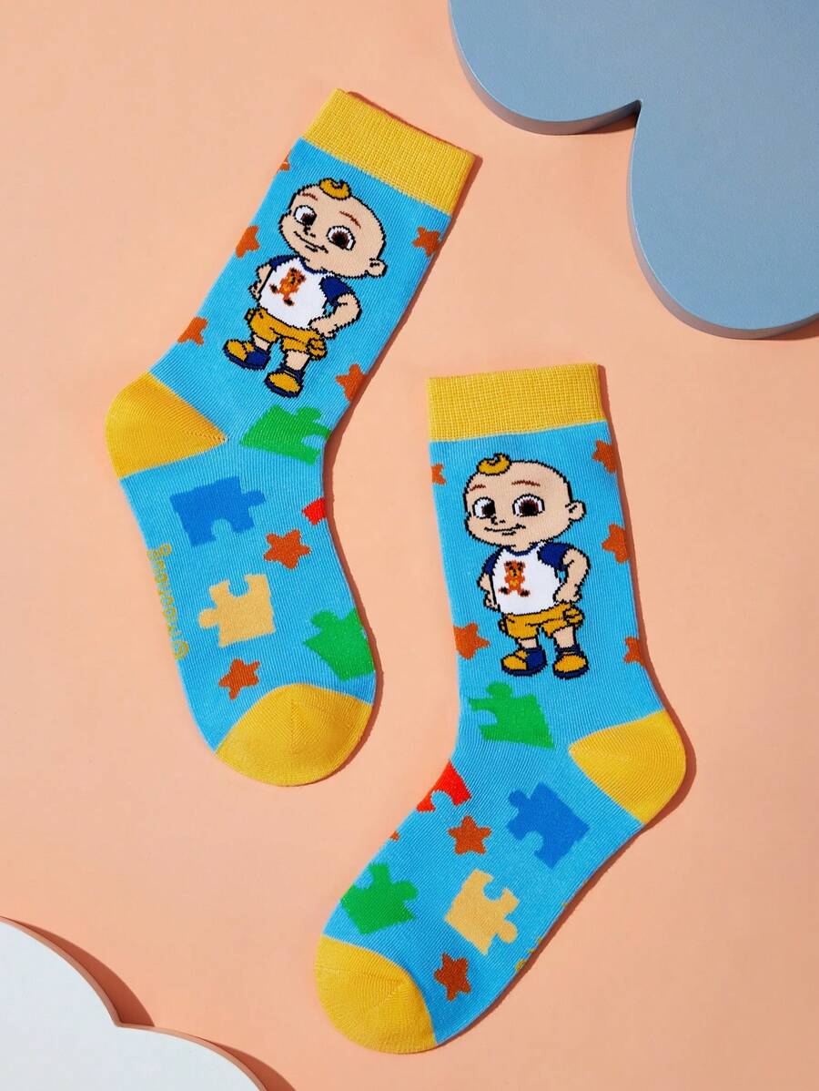 CoComelon kids (2 pairs) cartoon dinosaur & puzzle pattern color block long socks