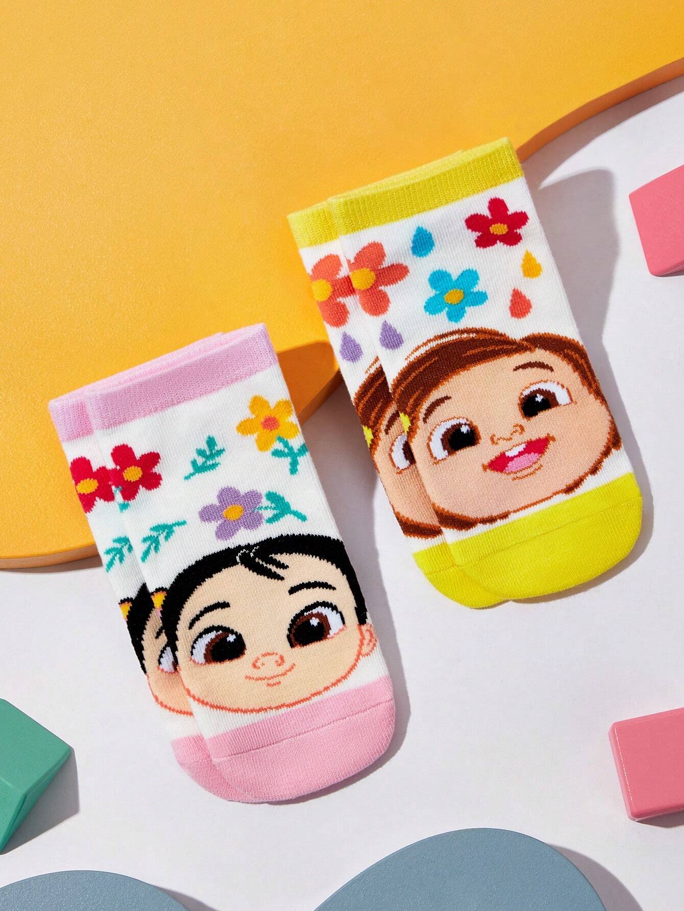 CoComelon Cartoon Character & Floral Pattern Kids Socks