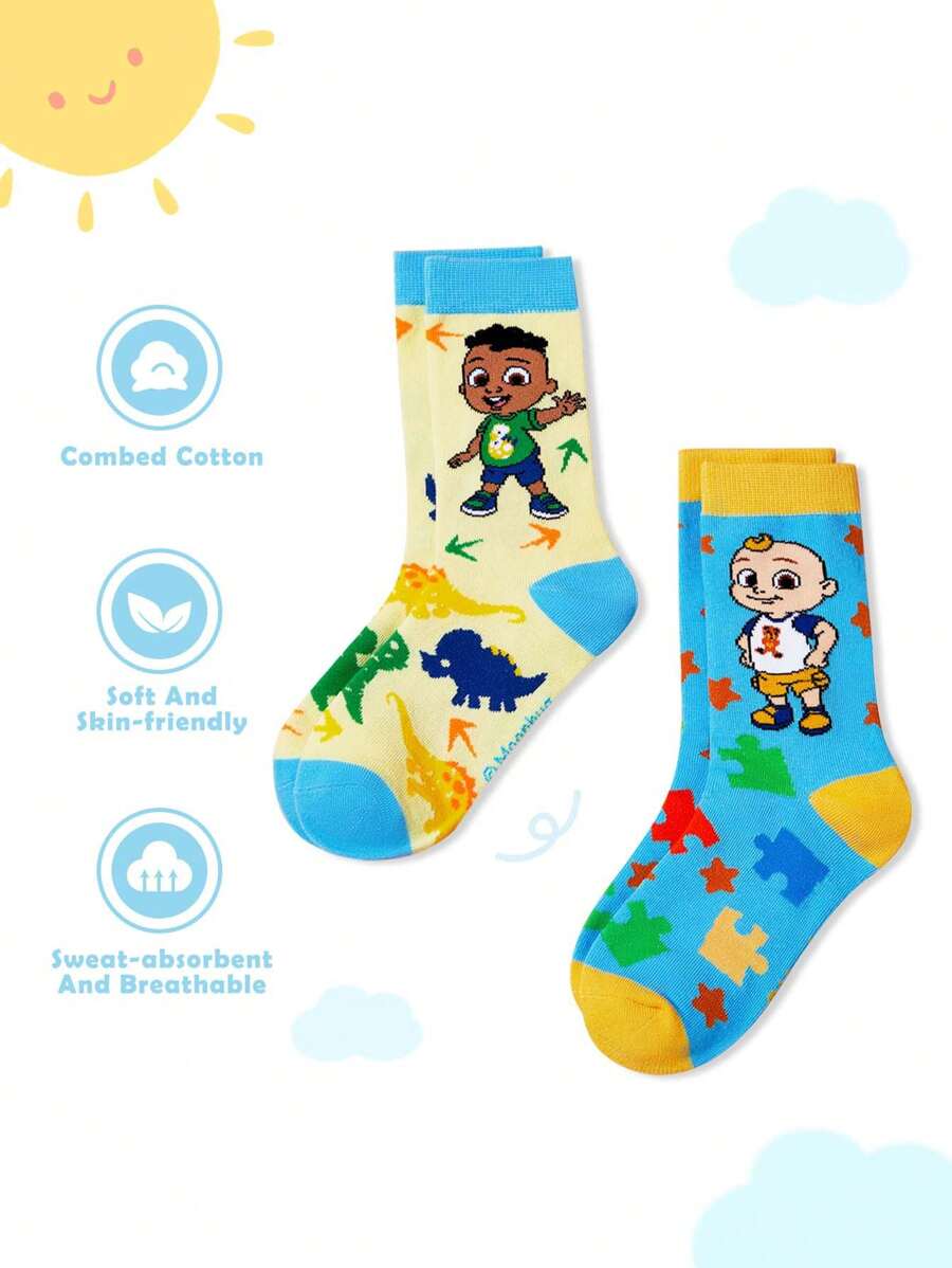 CoComelon kids (2 pairs) cartoon dinosaur & puzzle pattern color block long socks