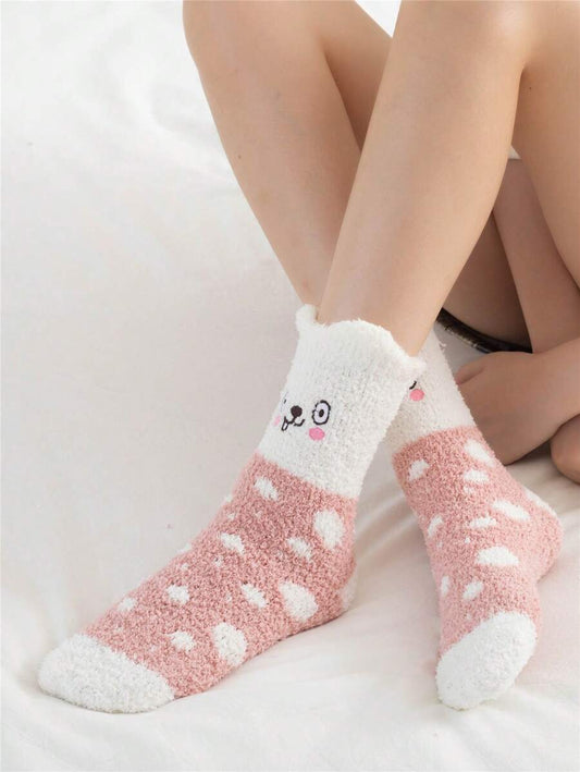 Fuzzy Circle Pink Embroidery Crew Socks