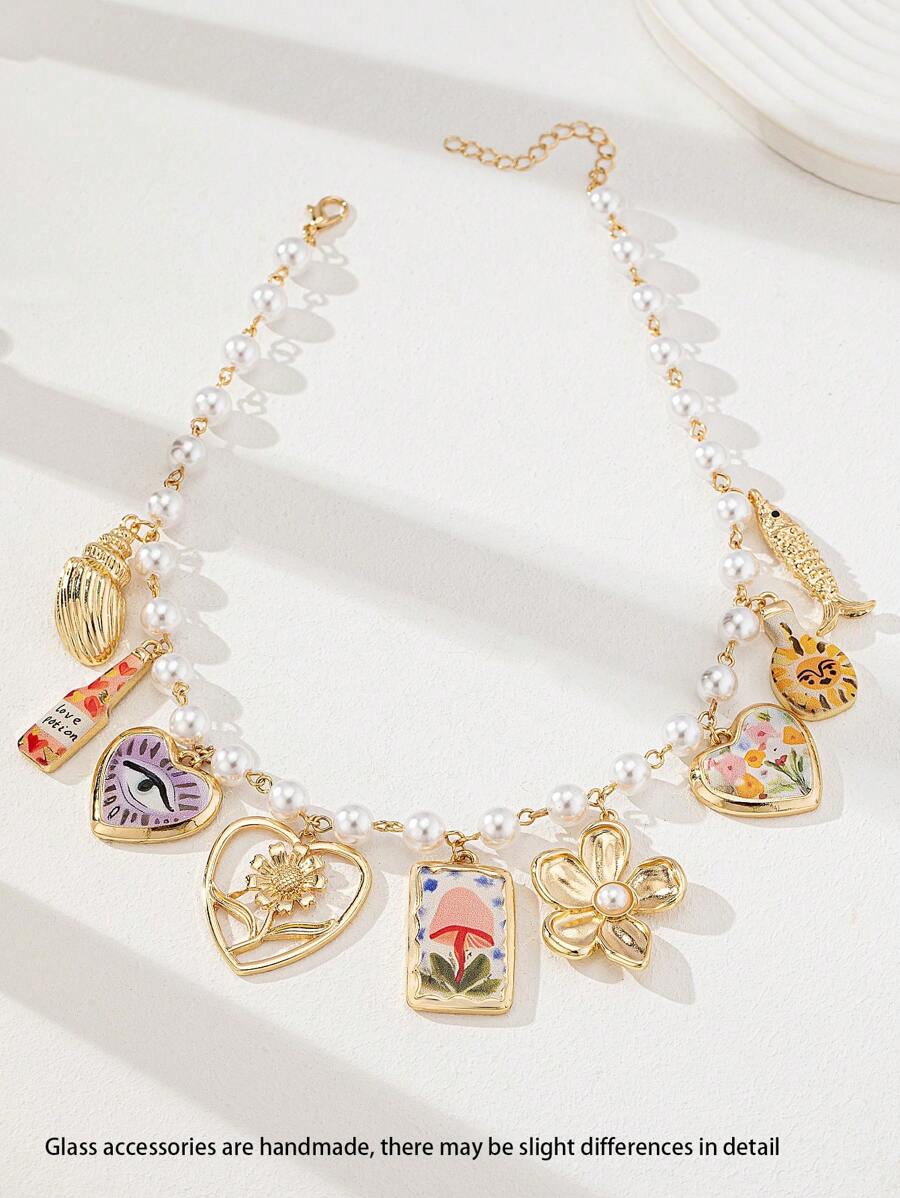 Heart Locket, Cherry, Cowboy Hat, Boots, Bow, Key Multi Charm Necklace, Boho Faux Pearl Beaded Necklace With Charms
