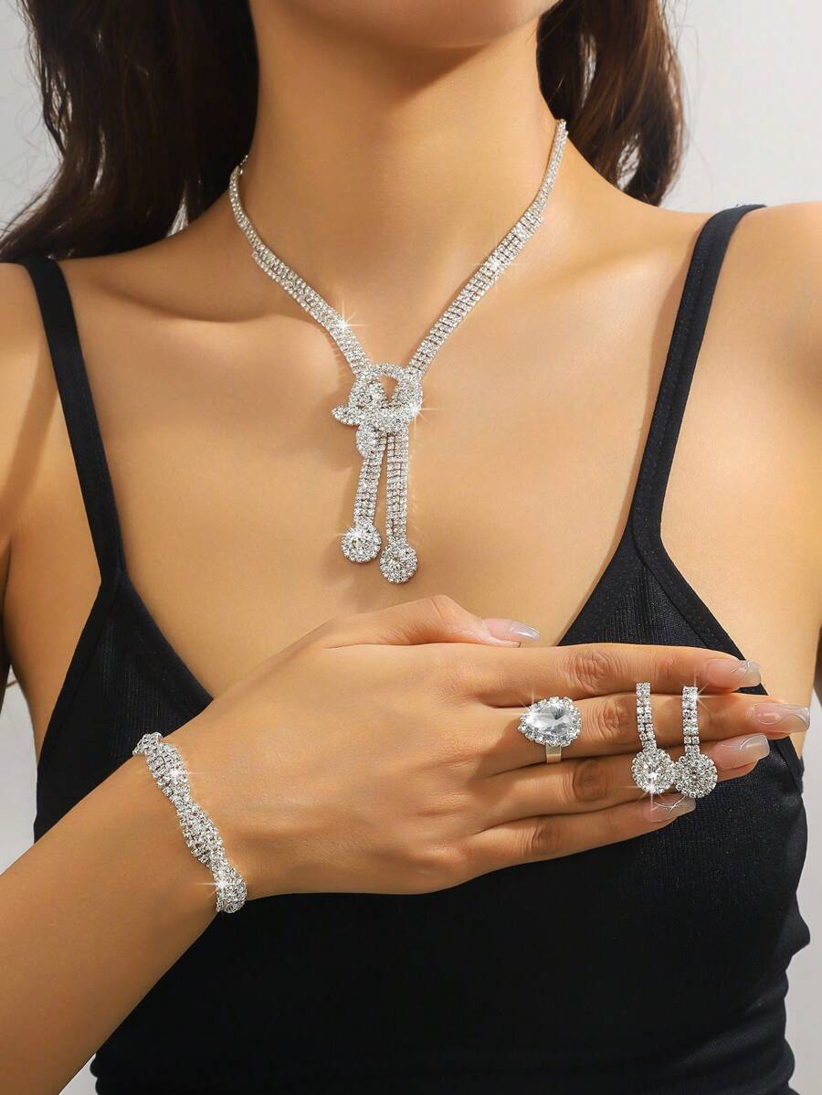 4pcs Rhinestone Leaf Design Necklace, Earrings, Bracelet And Ring; Jewelry Set, Sophisticated Versatile Jewelry Suitable For Women's Daily Commute, Campus Dates, Weddings, Parties, Valentine's Day