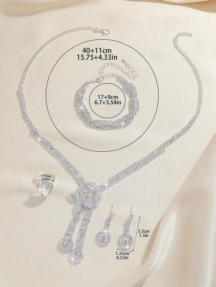 4pcs Rhinestone Leaf Design Necklace, Earrings, Bracelet And Ring; Jewelry Set, Sophisticated Versatile Jewelry Suitable For Women's Daily Commute, Campus Dates, Weddings, Parties, Valentine's Day