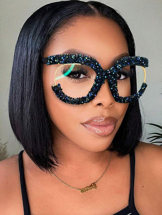 Oversized Round Fashionable Glasses With Diamond Studded Half Frame, Personalized Multifunctional Glasses Frame, Transparent Glasses, Shiny Accessories