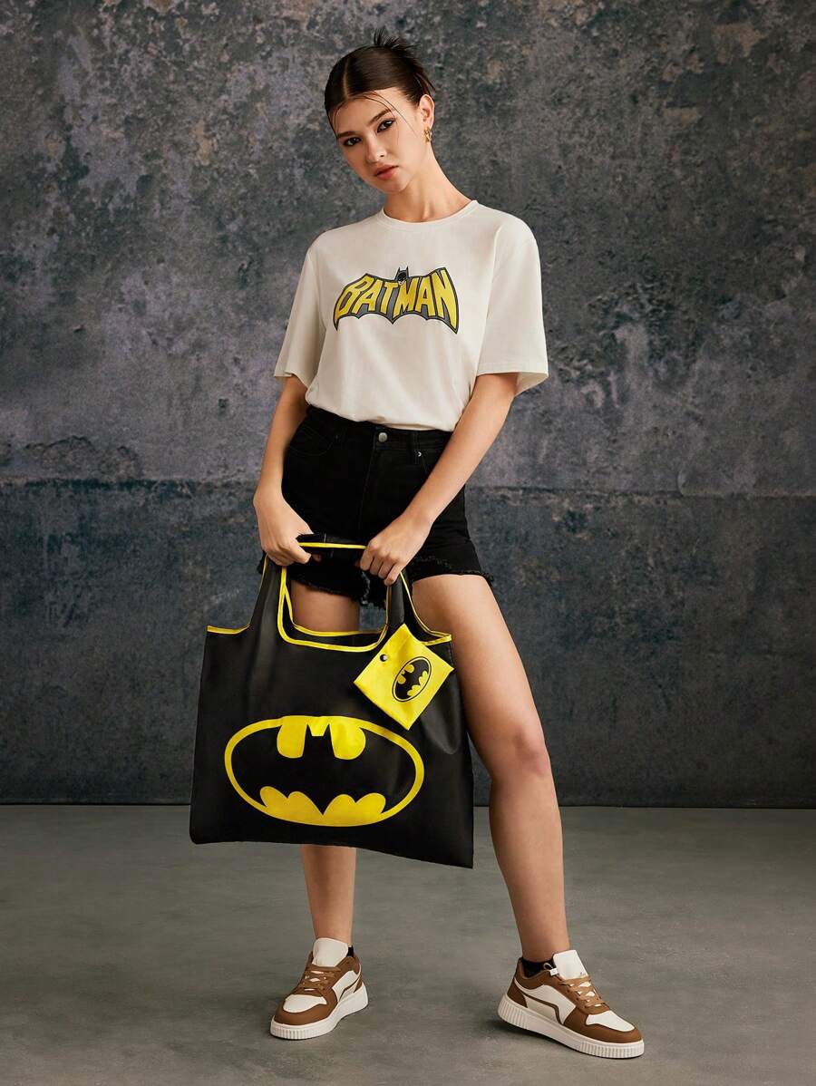 BATMAN 1pc Fashionable Bat Print Foldable Portable Shopping Tote Bag,gift