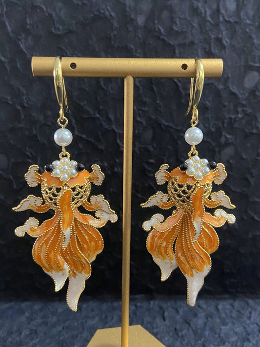 2pcs Elegant Alloy Enamel Koi Fish Design Oversized Hoop Earrings, Vintage Handpainted Pearl Jewelry For Women