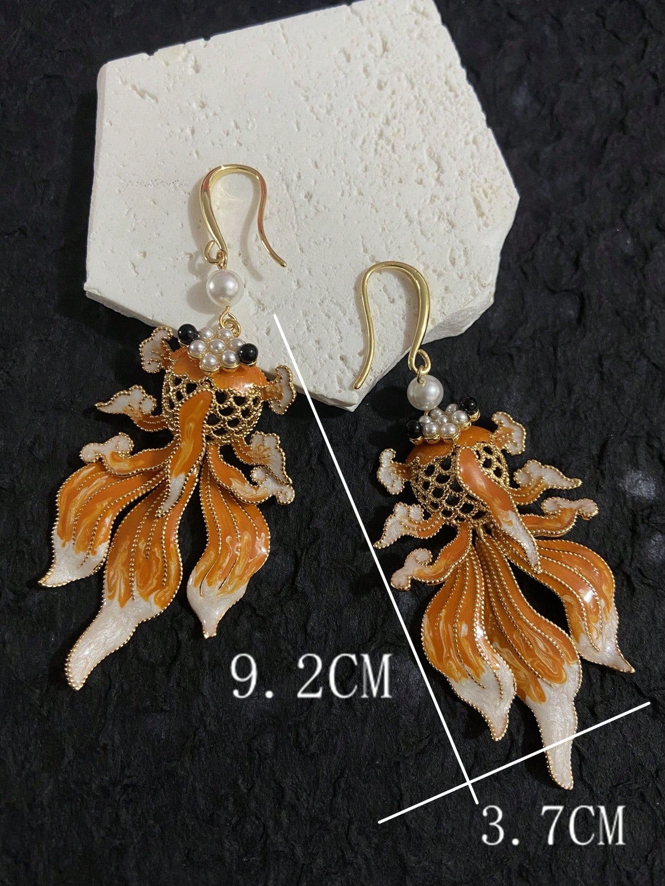 2pcs Elegant Alloy Enamel Koi Fish Design Oversized Hoop Earrings, Vintage Handpainted Pearl Jewelry For Women