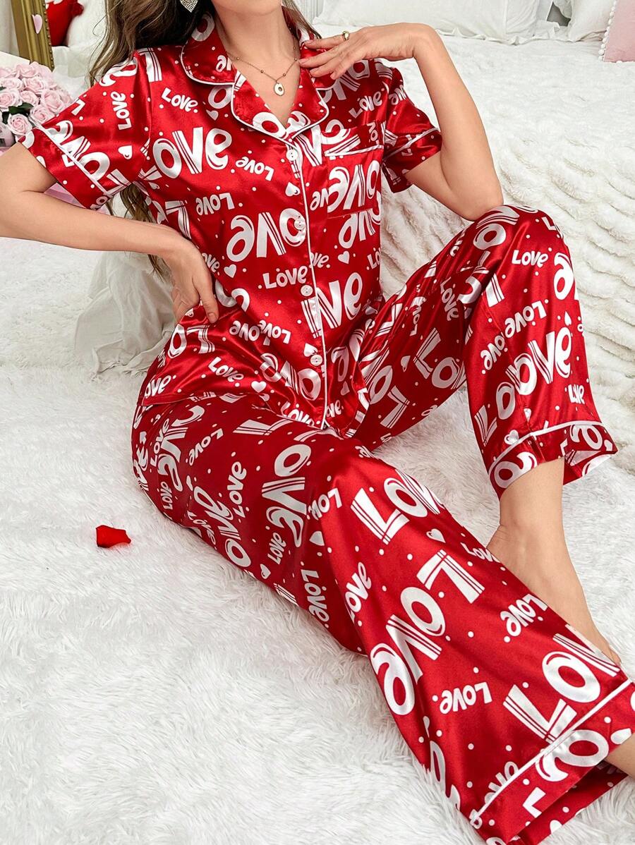 Red And White Faux Silk Letter Print Lapel Short Sleeve Top &amp; Pants Pajama Set, For Valentine's Day Bridal Lingerie Dress
