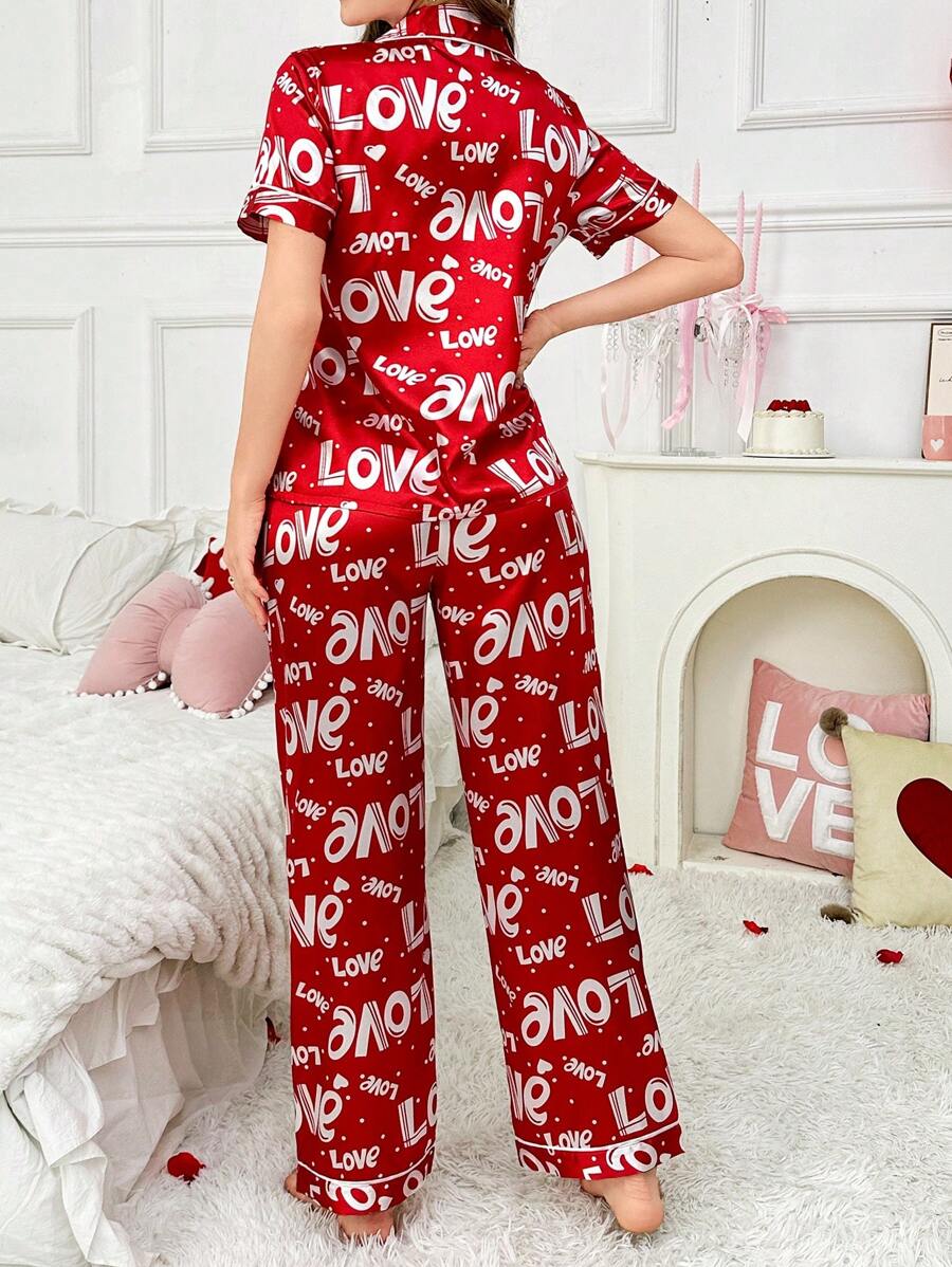 Red And White Faux Silk Letter Print Lapel Short Sleeve Top &amp; Pants Pajama Set, For Valentine's Day Bridal Lingerie Dress