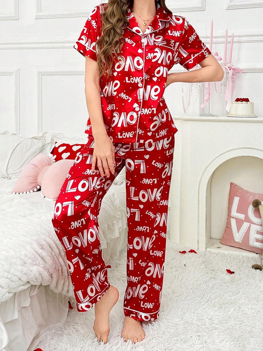 Red And White Faux Silk Letter Print Lapel Short Sleeve Top &amp; Pants Pajama Set, For Valentine's Day Bridal Lingerie Dress