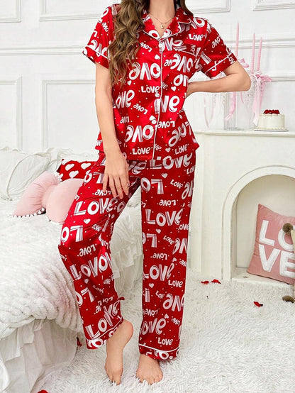 Red And White Faux Silk Letter Print Lapel Short Sleeve Top &amp; Pants Pajama Set, For Valentine's Day Bridal Lingerie Dress
