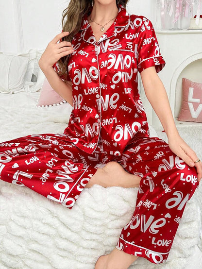 Red And White Faux Silk Letter Print Lapel Short Sleeve Top &amp; Pants Pajama Set, For Valentine's Day Bridal Lingerie Dress