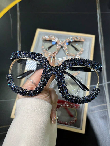 Oversized Round Fashionable Glasses With Diamond Studded Half Frame, Personalized Multifunctional Glasses Frame, Transparent Glasses, Shiny Accessories