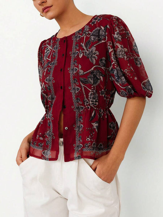 Elegant Round Neck Ditsy Floral Slim Fit Luxury Ladies Dress Blouse