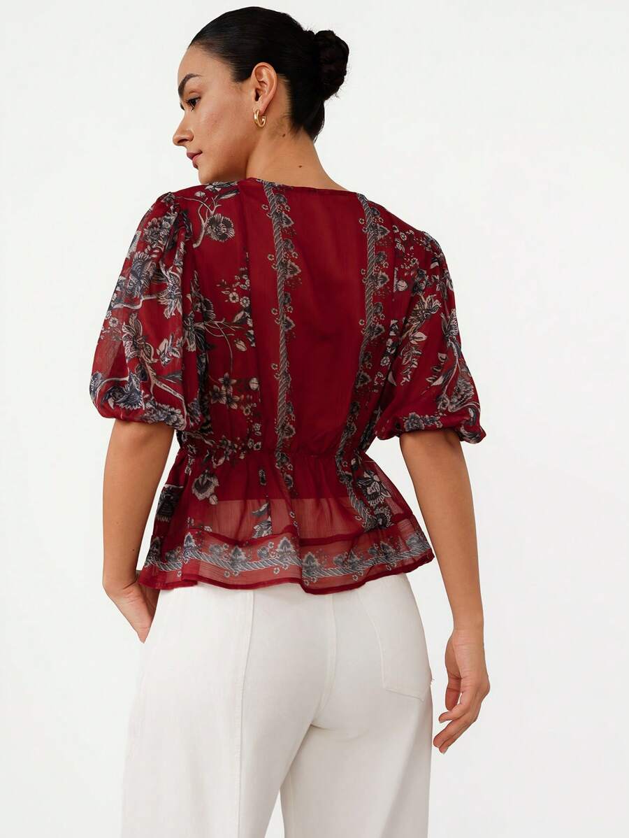 Elegant Round Neck Ditsy Floral Slim Fit Luxury Ladies Dress Blouse