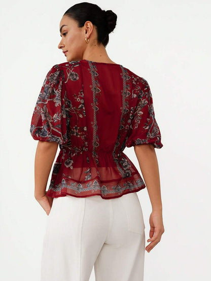 Elegant Round Neck Ditsy Floral Slim Fit Luxury Ladies Dress Blouse