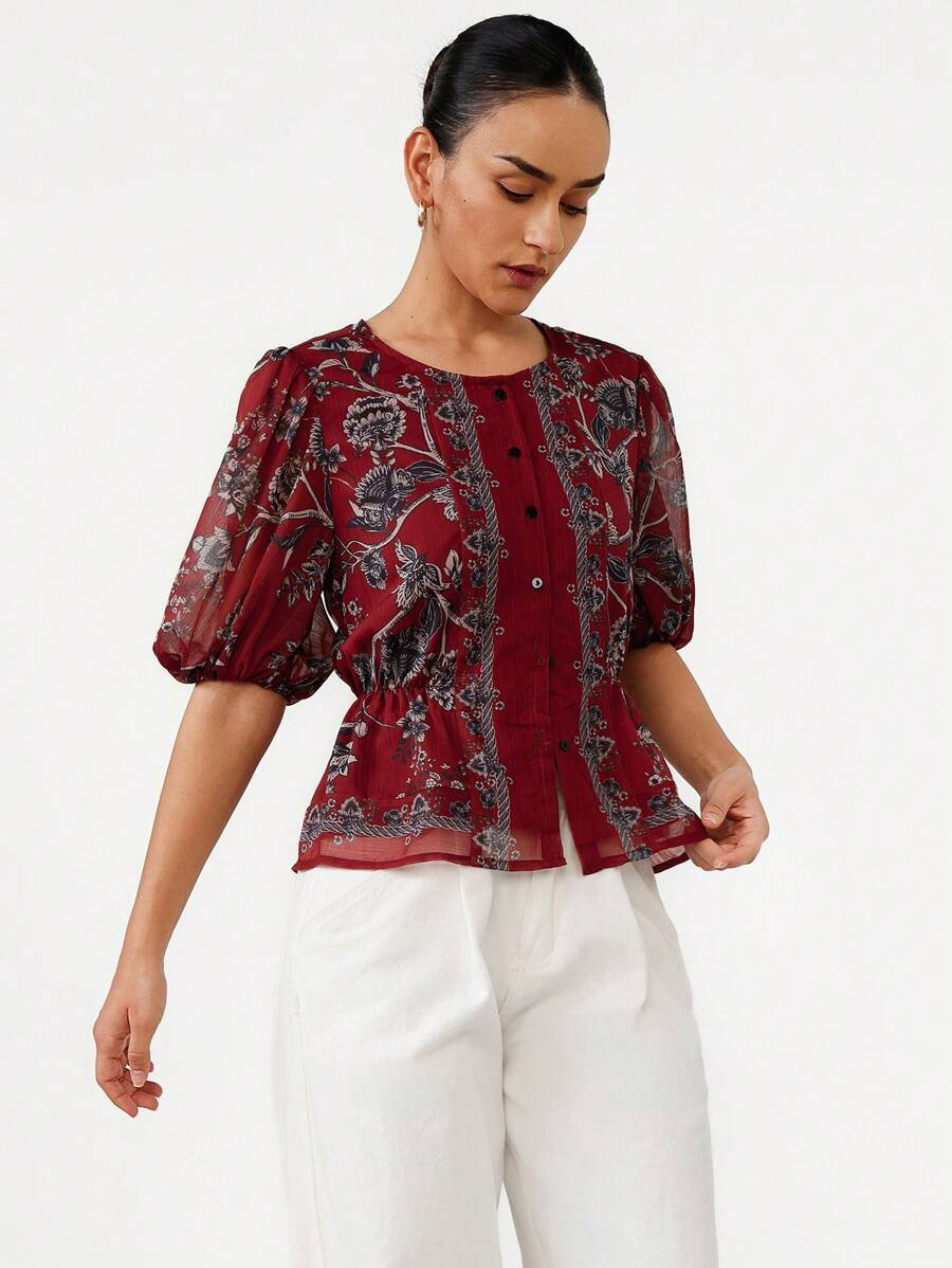 Elegant Round Neck Ditsy Floral Slim Fit Luxury Ladies Dress Blouse
