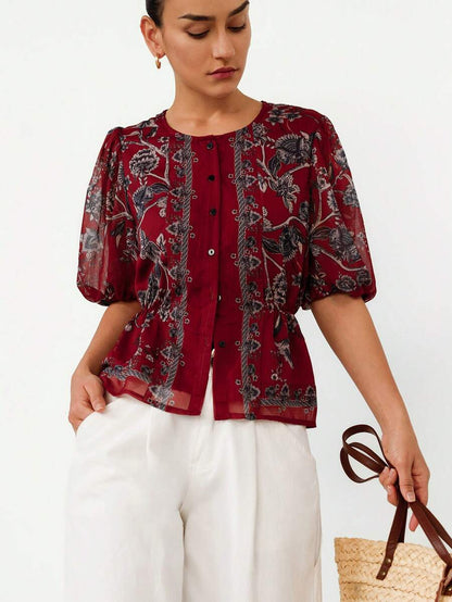 Elegant Round Neck Ditsy Floral Slim Fit Luxury Ladies Dress Blouse