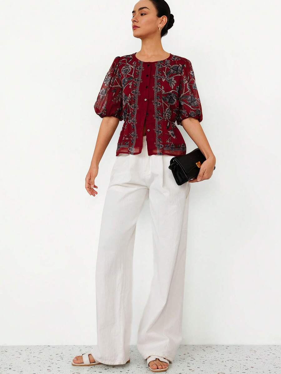 Elegant Round Neck Ditsy Floral Slim Fit Luxury Ladies Dress Blouse