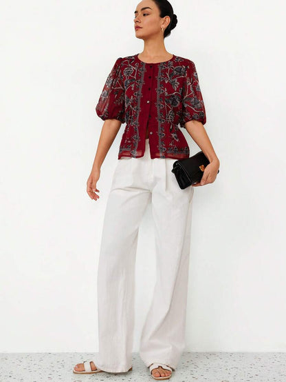 Elegant Round Neck Ditsy Floral Slim Fit Luxury Ladies Dress Blouse