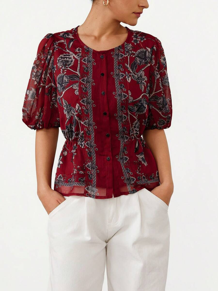 Elegant Round Neck Ditsy Floral Slim Fit Luxury Ladies Dress Blouse