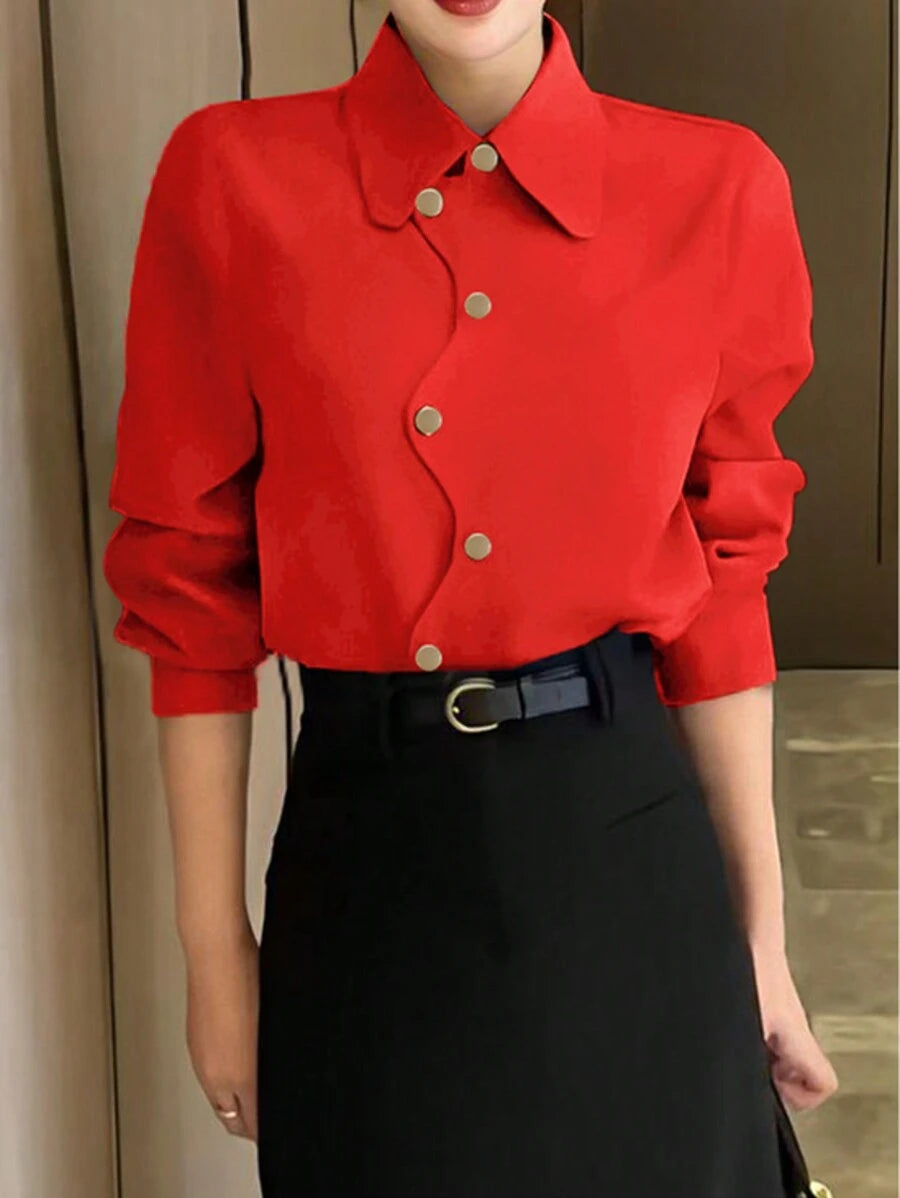 Fashion Women Asymmetrical Button Shirt, Minimalist Style Casual Daily Wear