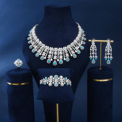 4Pcs Cubic Zirconia Jewelry Set. Water Drop Necklace, Ring, Bracelet, Earrings Set, Fashionable & Glamorous For Women Party Wear